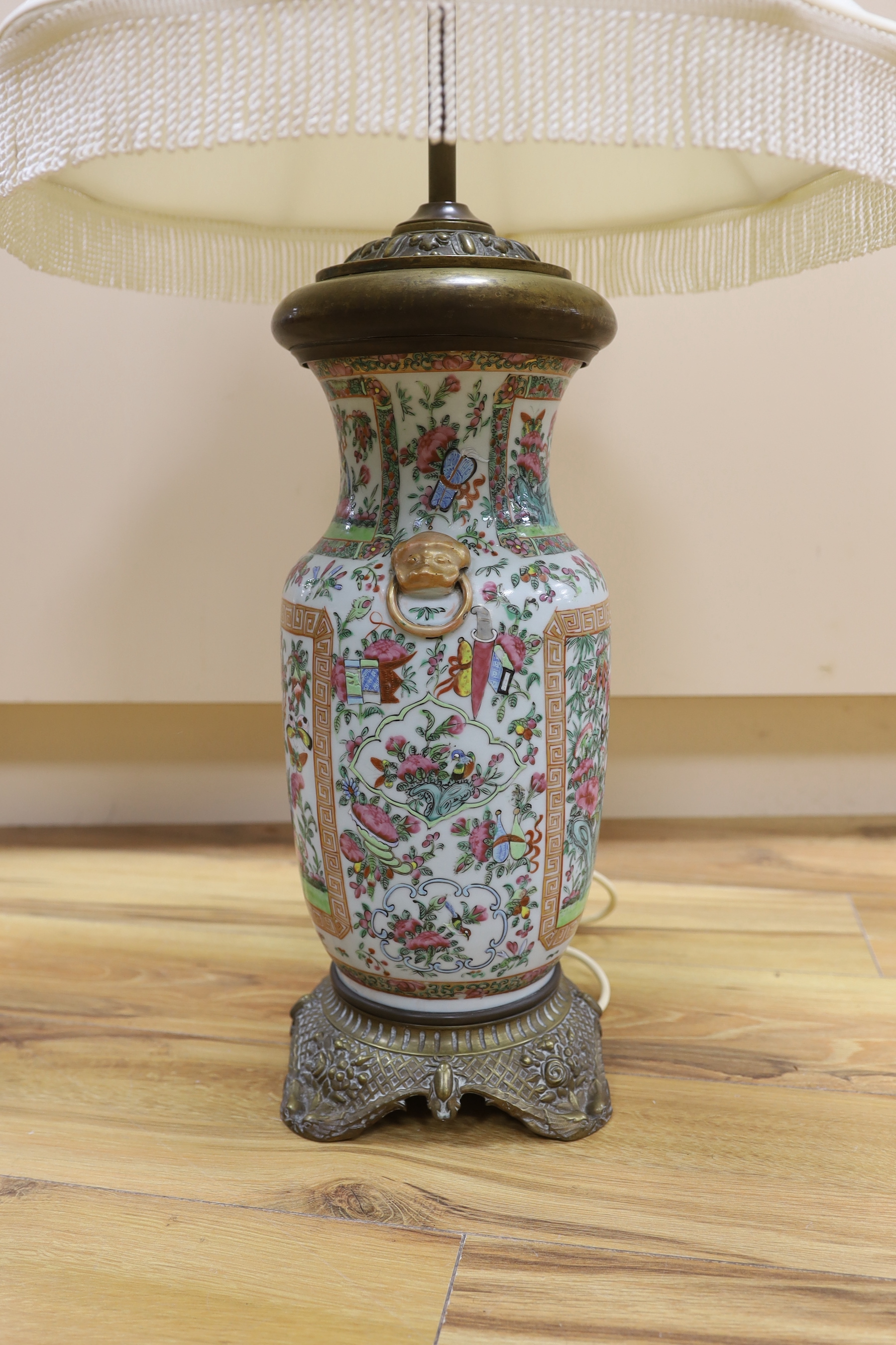 A brass mounted Chinese Canton famille rose porcelain table lamp, 81cm high